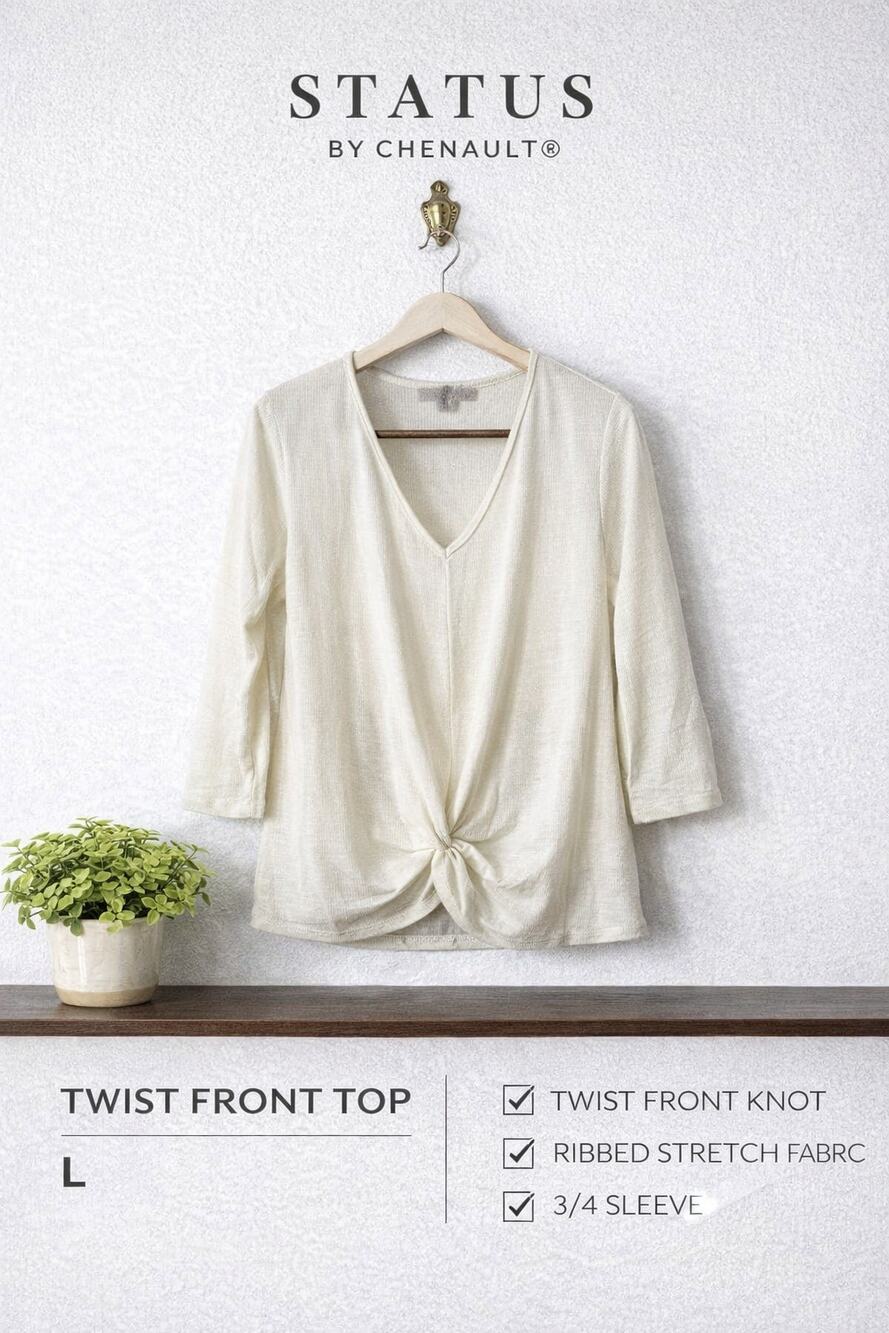 Status by Chenault Twist Front Top Large Ivory Ribbed 3/4 Sleeve
